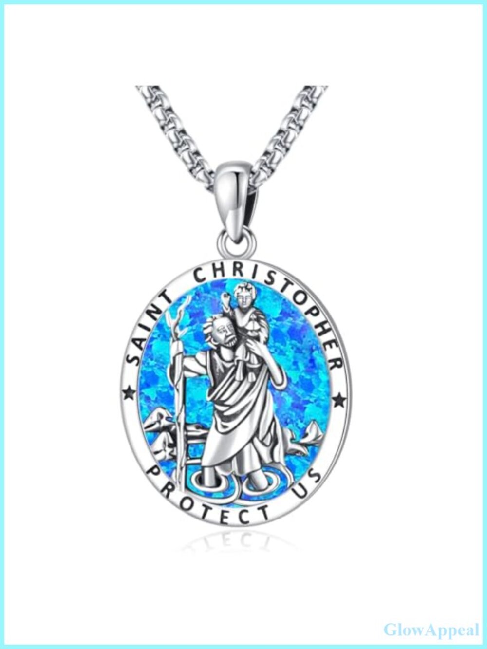Saint Christopher Necklace 925 Sterling Silver Natural Opal 20" Chain